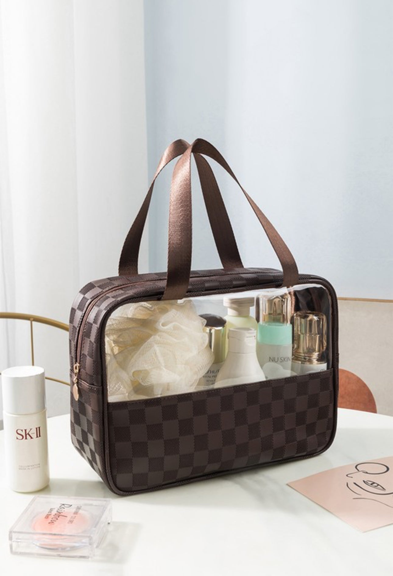Clear checkered makeup bag