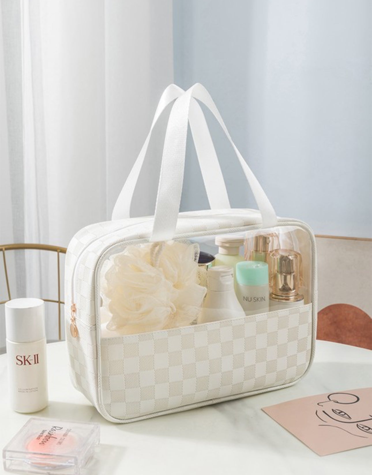 Clear checkered makeup bag